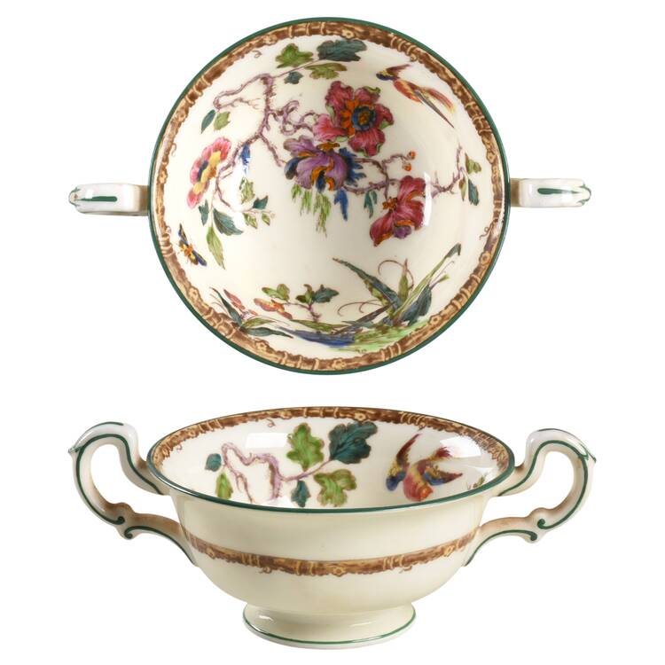Swallow (Green Trim) Footed Cream Soup Bowl