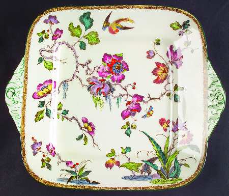 Swallow (Green Trim) Square Handled Cake Plate