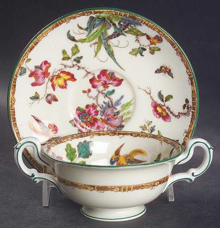 Swallow (Green Trim) Footed Bouillon Cup & Saucer