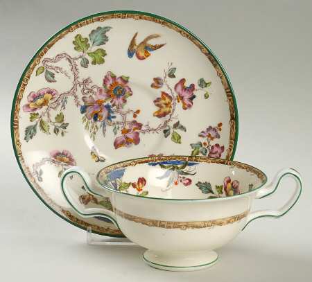 Swallow (Green Trim) Footed Cream Soup Bowl & Saucer Set