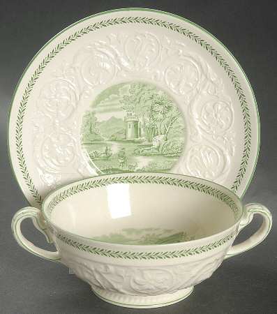 Torbay Green Footed Cream Soup Bowl & Saucer Set