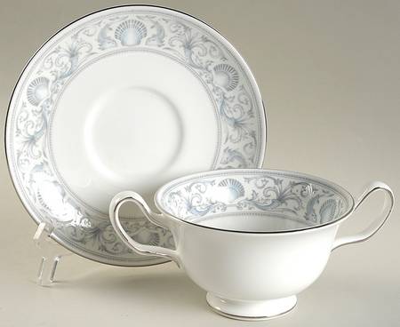 White Dolphins Footed Cream Soup Bowl & Saucer Set