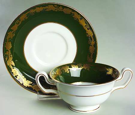 Whitehall (Arris Green Rim) Footed Cream Soup Bowl & Saucer Set
