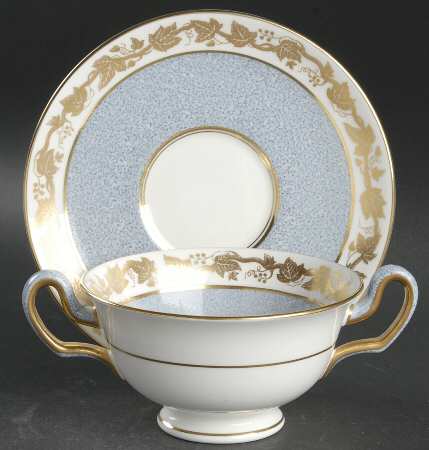 Whitehall (Powder Gray Band) Footed Cream Soup Bowl & Saucer Set