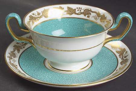 Whitehall (Powder Turquoise Band) Footed Cream Soup Bowl & Saucer Set