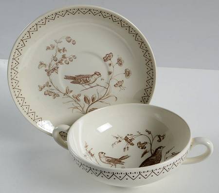 Williamsburg Aviary Flat Cream Soup Bowl & Saucer Set