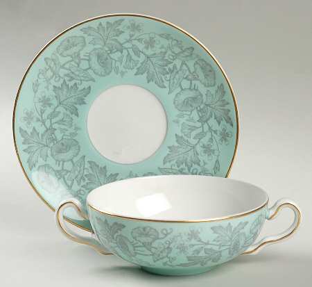 Wildflower Green Flat Cream Soup Bowl & Saucer Set
