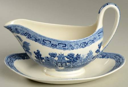 Willow Blue (Older, Smooth) Gravy Boat with Attached Underplate
