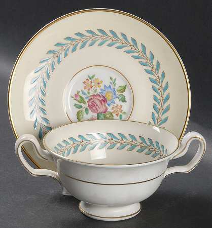 Woodstock (Gold Trim) Footed Cream Soup Bowl & Saucer Set
