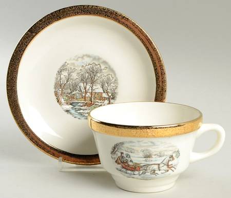 Currier & Ives Flat Cup & Saucer Set