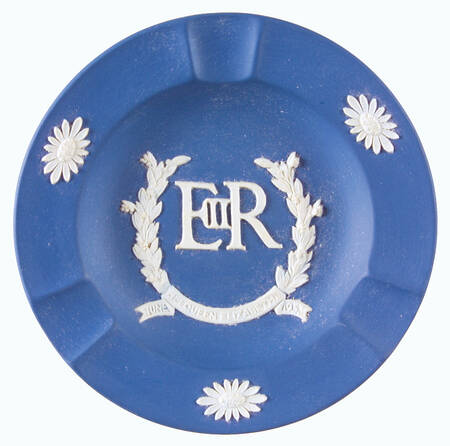 Queen Elizabeth on Royal Blue Jasperware 3 Slot Round Ashtray