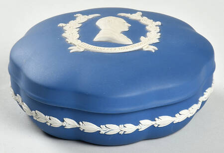 Queen Elizabeth on Royal Blue Jasperware Large Scalloped Candy Box & Lid