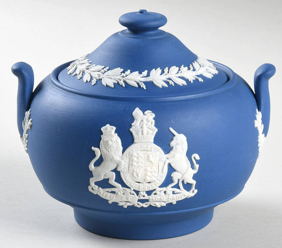 Queen Elizabeth on Royal Blue Jasperware Sugar Bowl & Lid