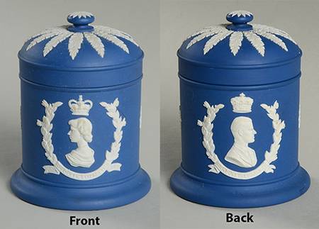 Queen Elizabeth on Royal Blue Jasperware Cigarette Jar & Lid
