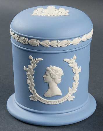 Queen Elizabeth II on Lavender Jasperware Cigarette Jar & Lid