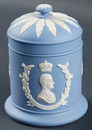 Queen Elizabeth II on Lavender Jasperware Cigarette Jar & Lid