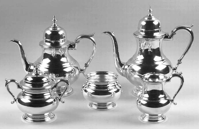 Exemplar-Bancker (Sterling Hollowware) 5 Piece Tea Set (SCP, STP, SCR, SSU, SWB)