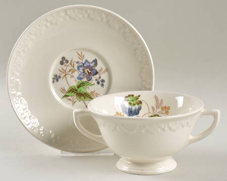 Hampton Court (Cream Rim) Footed Cream Soup Bowl & Saucer Set by Wedgwood