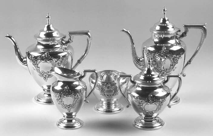 Lynndale (Sterling, Hollowware) 5 Piece Tea Set (SCP, STP, SCR, SSU, SWB)