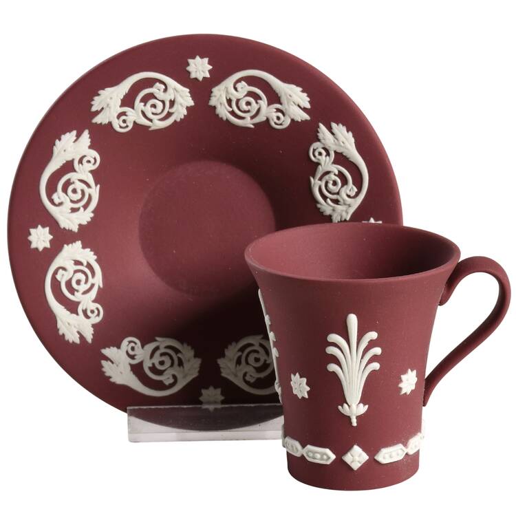 Cream Color on Wine Jasperware Flat Demitasse Cup & Saucer Set
