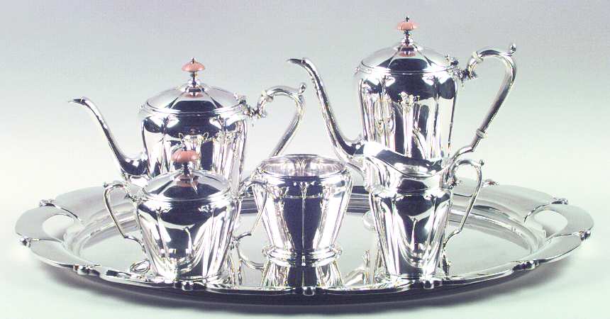 Lotus (Sterling, Hollowware) 6 Piece Tea Set (SCP, STP, SCR, SSU, SWB, WTL)