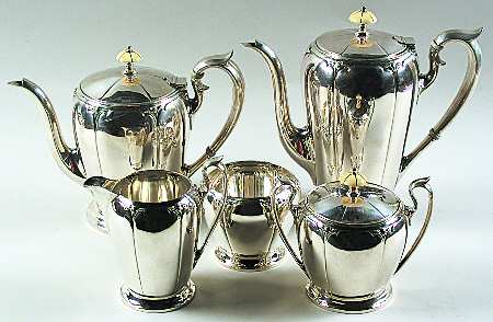 Lotus (Sterling, Hollowware) 5 Piece Tea Set (SCP, STP, SCR, SSU, SWB)