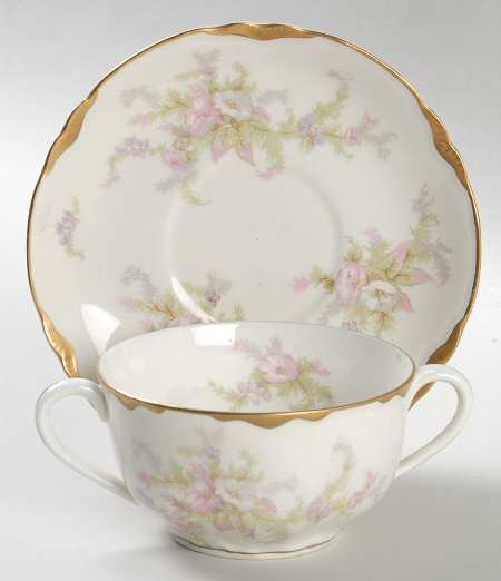 Apple Blossom (Gold Trim & Daubs) Flat Bouillon Cup & Saucer