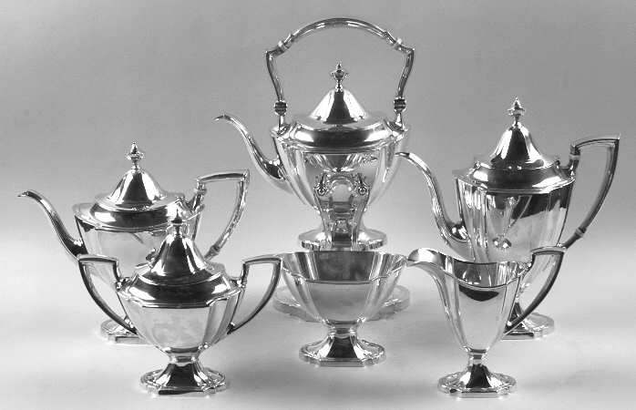 John Alden (Sterling, 1911, Hollowware) 6 Piece Tea Set (SCP, STP, SCR, SSU, SWB, SKES)