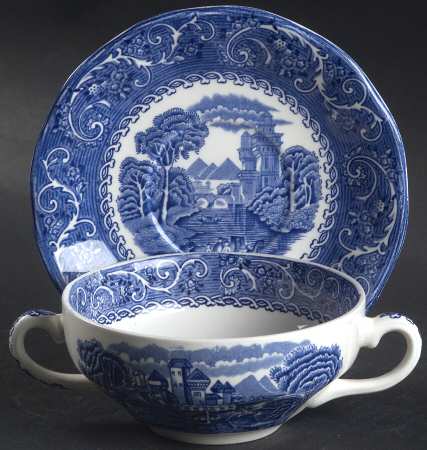 River Scene Blue (Scallop) Flat Cream Soup Bowl & Saucer Set