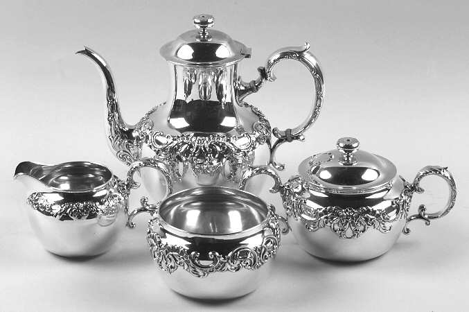 Pompadour (Sterling, 1895-1898, Hollowware) 4-Piece Sterling Coffee Set (Su, Cr, Wb)