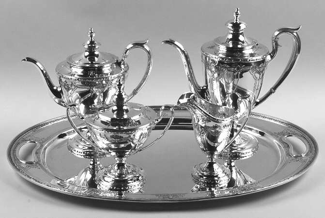 Navarre (Sterling, 1908, Hollowware) 5 Piece Tea Set (SCP, STP, SCR, SSU, WTL)