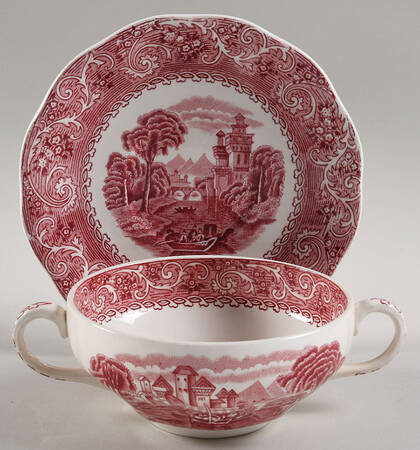 River Scene Red Flat Cream Soup Bowl & Saucer Set