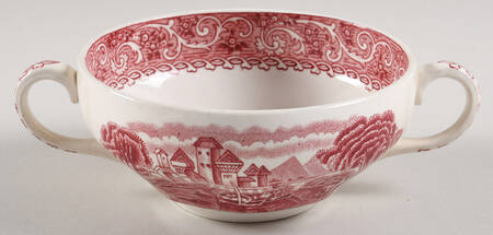River Scene Red Flat Cream Soup Bowl