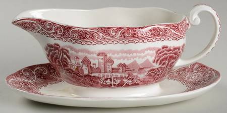 River Scene Red Gravy Boat with Attached Underplate