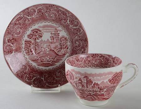 River Scene Red Flat Cup & Saucer Set
