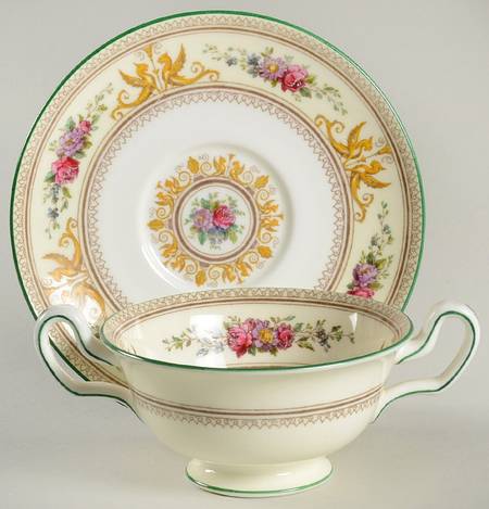 Columbia White (Ivory Rim, Yellow Griffons Footed Cream Soup Bowl & Saucer Set by Wedgwood