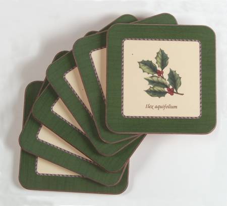 Sarah's Garden Christmas Green Square Corkback Coaster - Set of 6