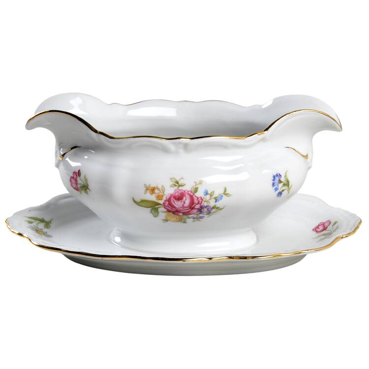 Mignon (Gray-Green Backstamp) Gravy Boat with Attached Underplate