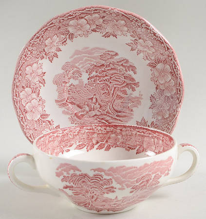 Woodland Pink (Enoch Backstamp) Flat Cream Soup Bowl & Saucer Set