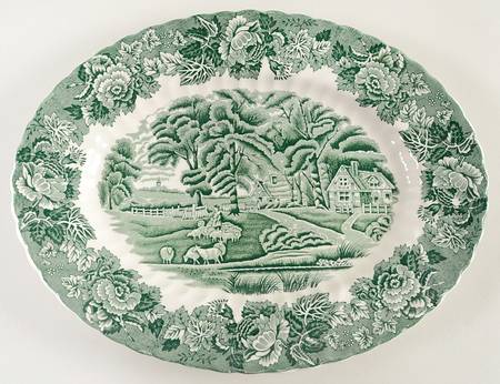English Scenery Green (Scallop) 12" Oval Serving Platter