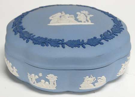 Cream Color and Portland Blue on Lavender Large Scalloped Candy Box & Lid