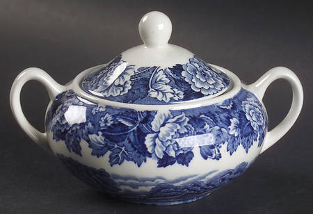English Scenery Blue (Continental Shape) Sugar Bowl & Lid