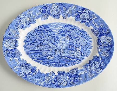 English Scenery Blue (Lion Backstamp, Swirl) 14" Oval Serving Platter