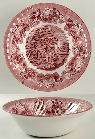 English Scenery Pink (Black Backstamp, Scallop) 9" Round Vegetable Bowl