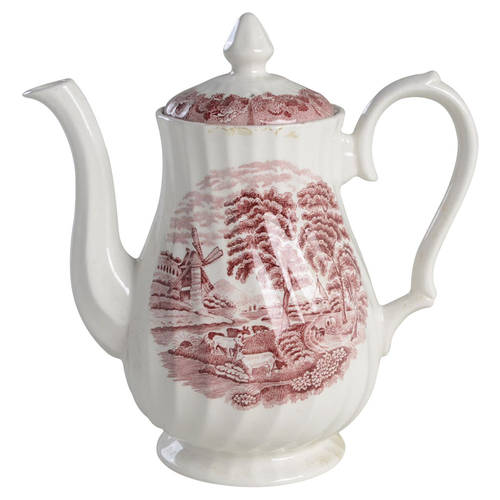English Scenery Pink (Black Backstamp, Scallop) Coffee Pot & Lid