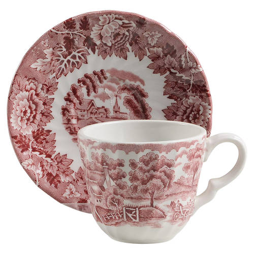 English Scenery Pink (Black Backstamp, Scallop) Flat Demitasse Cup & Saucer Set