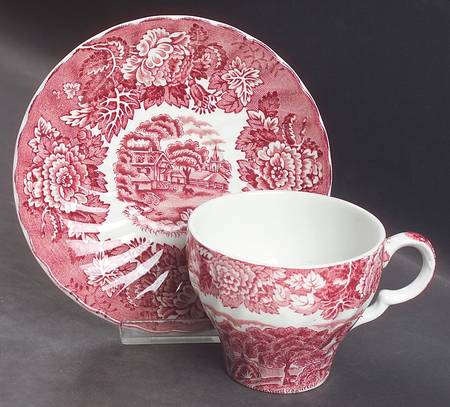 English Scenery Pink (Black Backstamp, Scallop) Flat Cup & Saucer Set