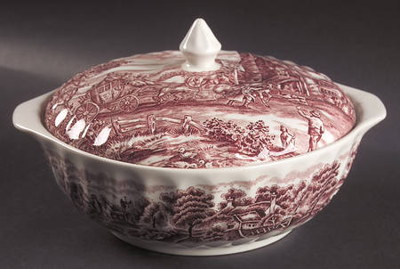 English Scenery Pink (Black Backstamp, Scallop) Round Covered Vegetable