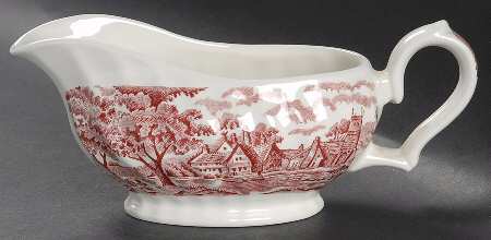 English Scenery Pink (Black Backstamp, Scallop) Gravy Boat