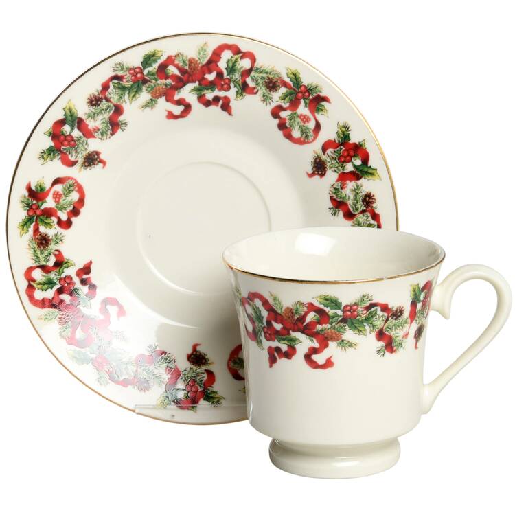 Christmas Ribbon Footed Cup & Saucer Set